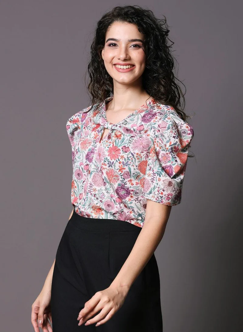 زجزاج Pink Floral Printed Front Knot Top